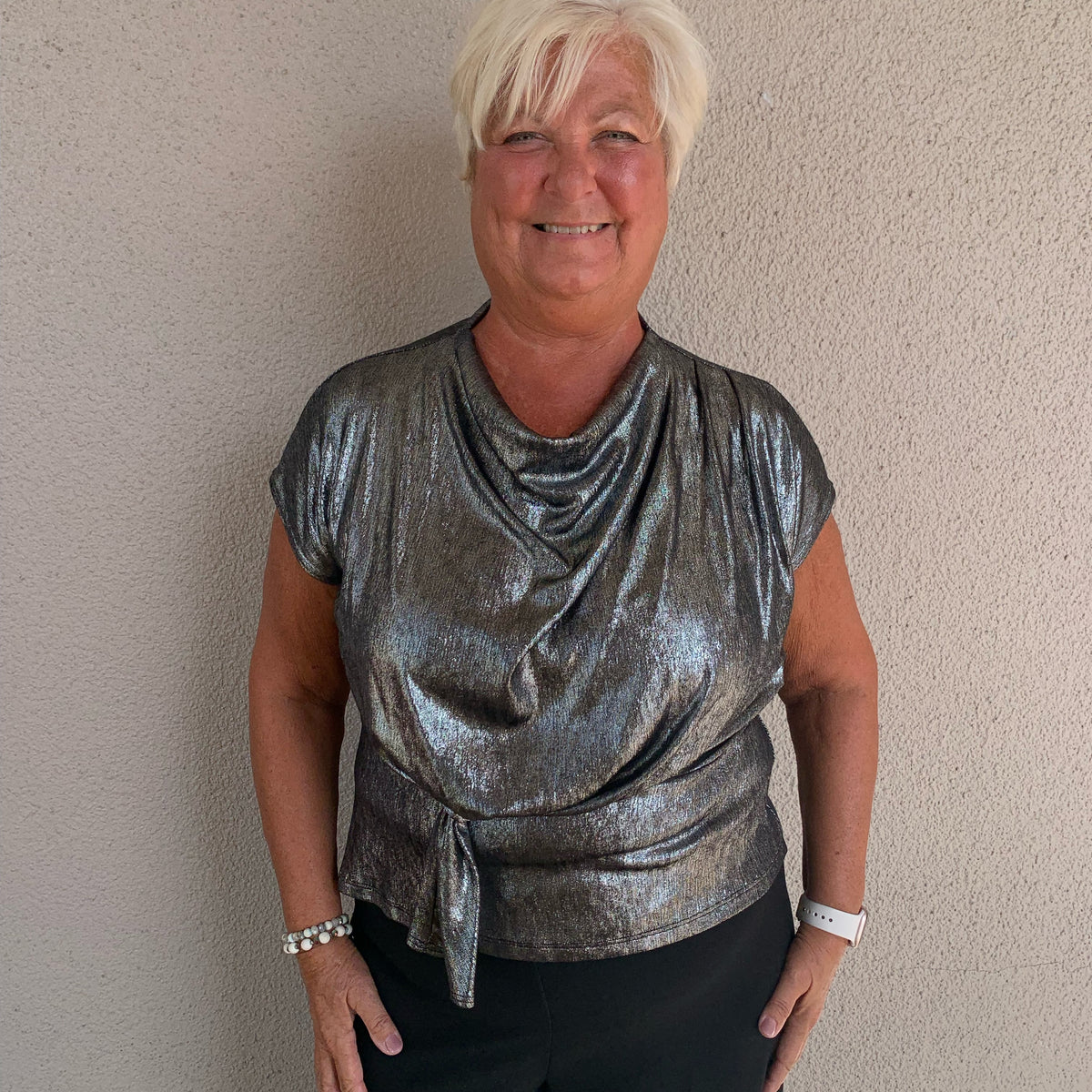 Metallic Shimmer Knit Top with Drape Neck and Front Loop Detail ...