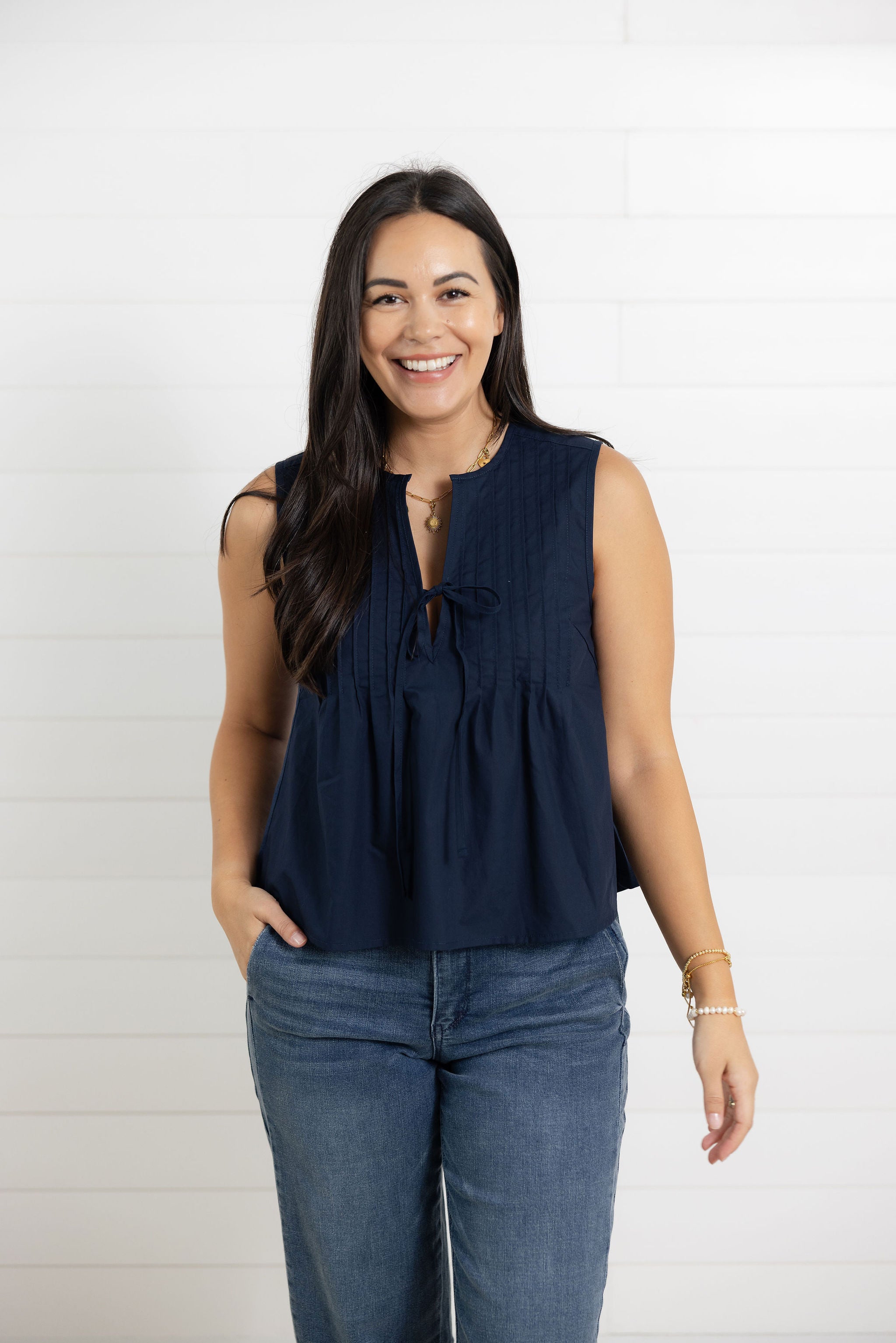 Mac and Me Woven Sleeveless Top with Tie Front and Pleating Detail