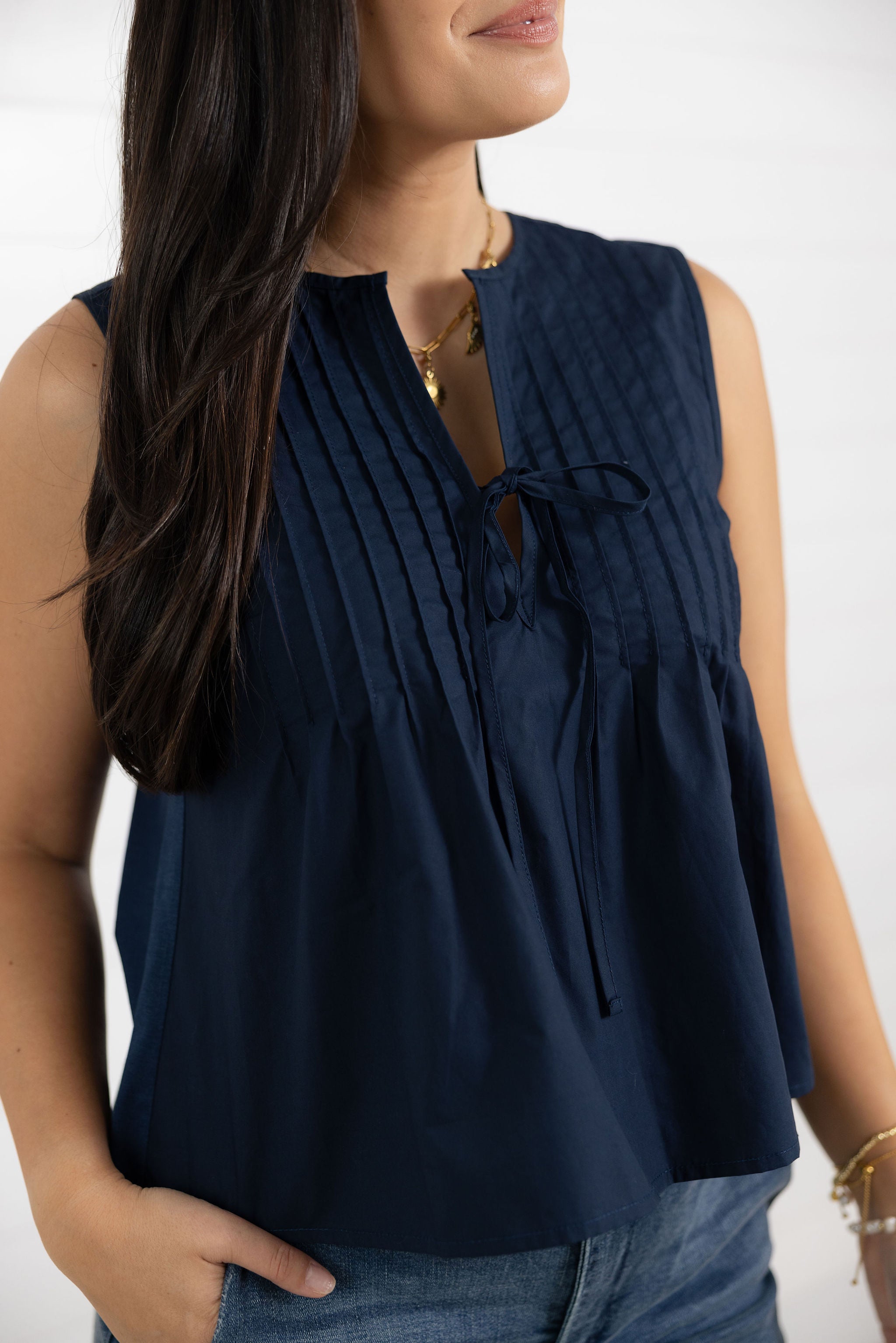 Mac and Me Woven Sleeveless Top with Tie Front and Pleating Detail